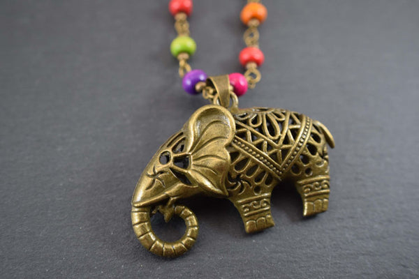 Bronze Hollow Elephant Necklace with Rainbow Bead Chain