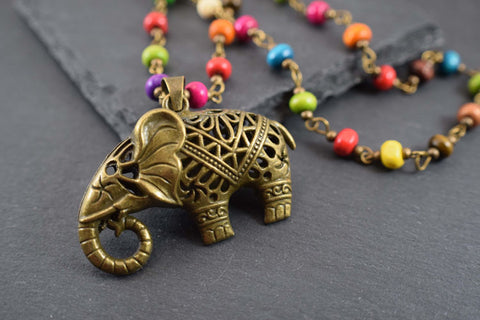 Bronze Hollow Elephant Necklace with Rainbow Bead Chain