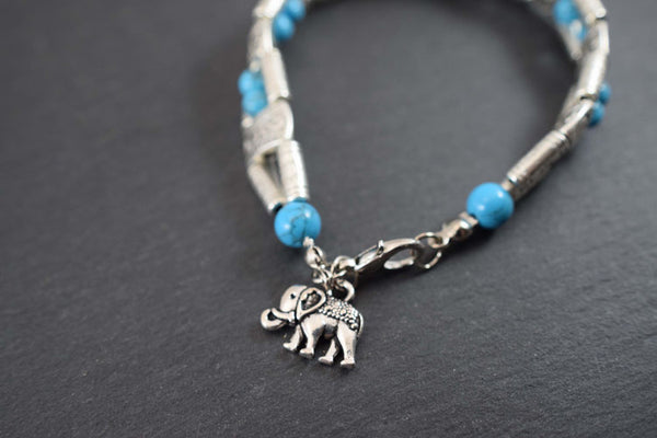 Silver & Turquoise Elephant Charm Bracelet
