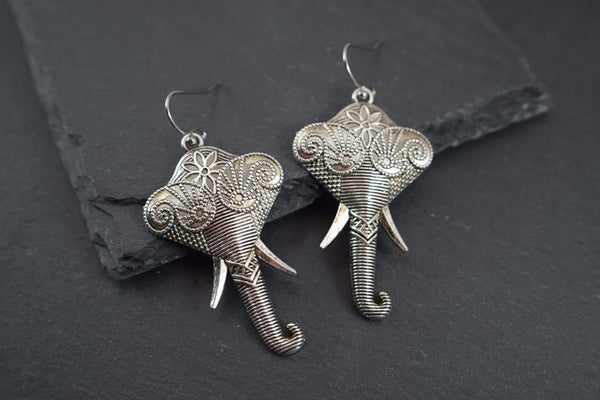 Long Dangle Silver Elephant Earrings