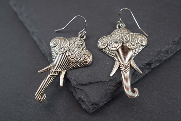 Long Dangle Silver Elephant Earrings
